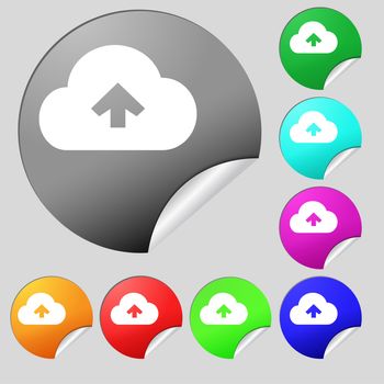 Upload from cloud icon sign. Set of eight multi-colored round buttons, stickers. illustration
