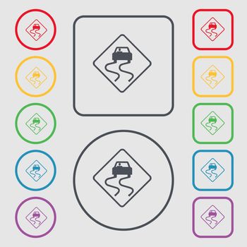 Road slippery icon sign. symbol on the Round and square buttons with frame. illustration