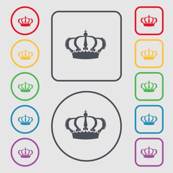Crown icon sign. symbol on the Round and square buttons with frame. illustration