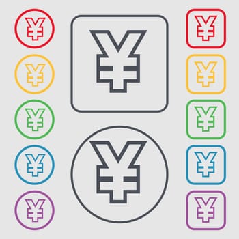 Yen JPY icon sign. symbol on the Round and square buttons with frame. illustration