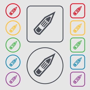Pencil icon sign. symbol on the Round and square buttons with frame. illustration