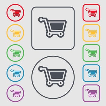 shopping cart icon sign. symbol on the Round and square buttons with frame. illustration