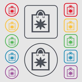 shopping bag icon sign. symbol on the Round and square buttons with frame. illustration