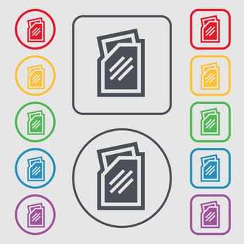 Text file icon sign. symbol on the Round and square buttons with frame. illustration