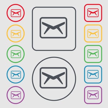 Mail, Envelope, Message icon sign. symbol on the Round and square buttons with frame. illustration