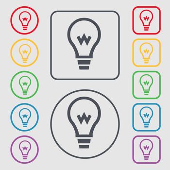 Light bulb icon sign. symbol on the Round and square buttons with frame. illustration