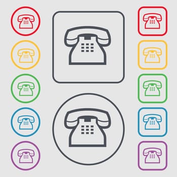 retro telephone handset icon sign. symbol on the Round and square buttons with frame. illustration