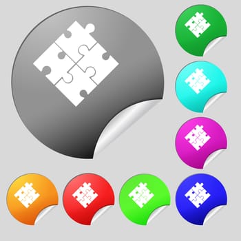 Puzzle piece icon sign. Set of eight multi colored round buttons, stickers. illustration