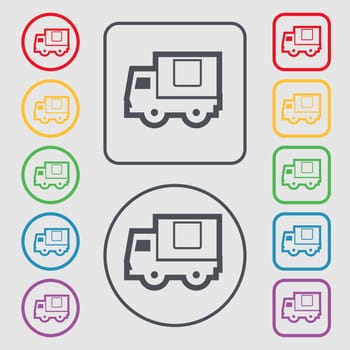 Delivery truck icon sign. symbol on the Round and square buttons with frame. illustration