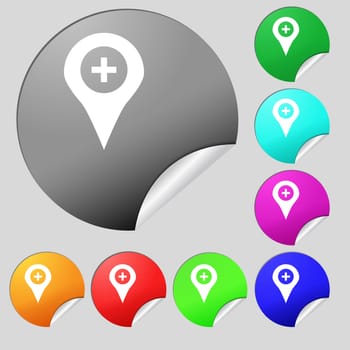 Plus Map pointer, GPS location icon sign. Set of eight multi-colored round buttons, stickers. illustration