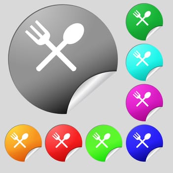 Fork and spoon crosswise, Cutlery, Eat icon sign. Set of eight multi colored round buttons, stickers. illustration