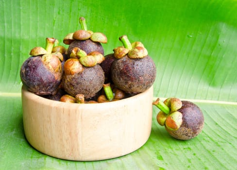 Mangosteen in bowl wooden on leaves background, Queen of fruit.