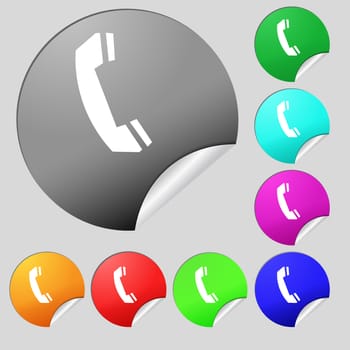 Phone sign icon. Support symbol. Call center. Set of eight multi colored round buttons, stickers. illustration