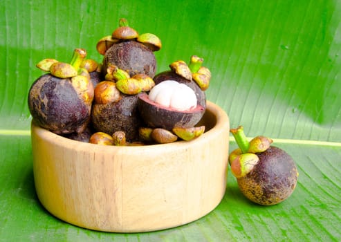 Mangosteen in bowl wooden on leaves background, Queen of fruit.