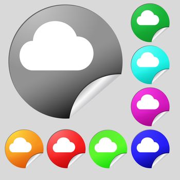 cloud icon sign. Set of eight multi-colored round buttons, stickers. illustration