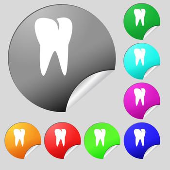 tooth icon. Set of eight multi colored round buttons, stickers. illustration