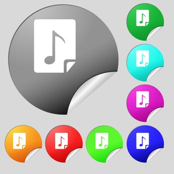 Audio, MP3 file icon sign. Set of eight multi colored round buttons, stickers. illustration