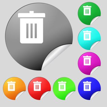 Recycle bin, Reuse or reduce icon sign. Set of eight multi-colored round buttons, stickers. illustration
