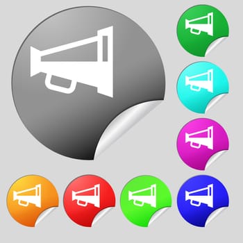 Megaphone soon, Loudspeaker icon sign. Set of eight multi-colored round buttons, stickers. illustration