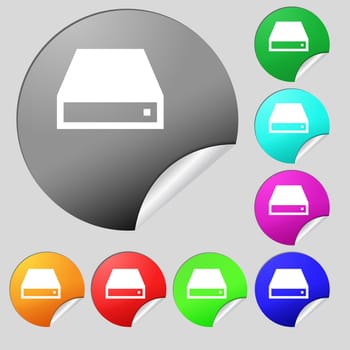 CD-ROM icon sign. Set of eight multi-colored round buttons, stickers. illustration