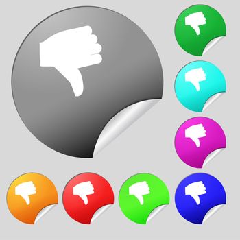 Dislike, Thumb down icon sign. Set of eight multi-colored round buttons, stickers. illustration