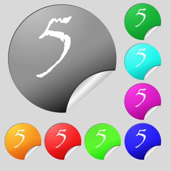 number five icon sign. Set of eight multi colored round buttons, stickers. illustration