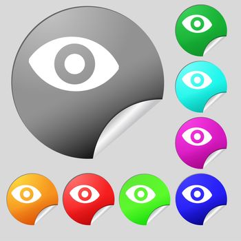 sixth sense, the eye icon sign. Set of eight multi colored round buttons, stickers. illustration