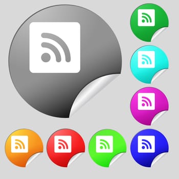 RSS feed icon sign. Set of eight multi colored round buttons, stickers. illustration