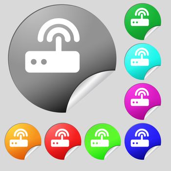 Wi fi router icon sign. Set of eight multi colored round buttons, stickers. illustration