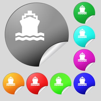 ship icon sign. Set of eight multi colored round buttons, stickers. illustration