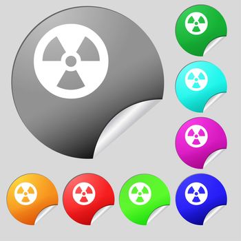 radiation icon sign. Set of eight multi colored round buttons, stickers. illustration