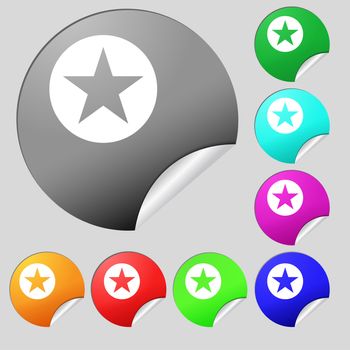 Star, Favorite Star, Favorite icon sign. Set of eight multi-colored round buttons, stickers. illustration