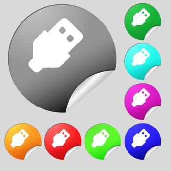 USB icon sign. Set of eight multi-colored round buttons, stickers. illustration