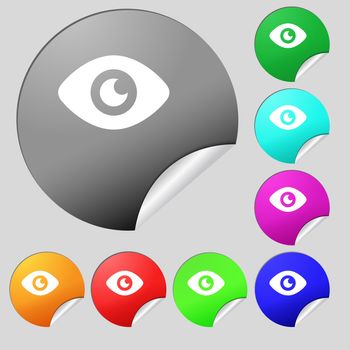 Eye, Publish content icon sign. Set of eight multi-colored round buttons, stickers. illustration