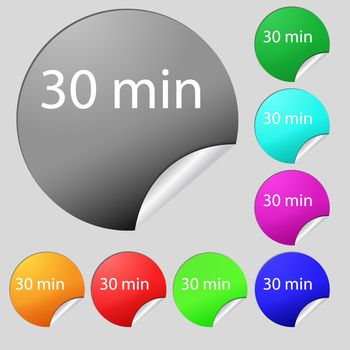 30 minutes sign icon. Set of eight multi colored round buttons, stickers. illustration