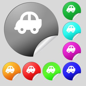 Auto icon sign. Set of eight multi-colored round buttons, stickers. illustration