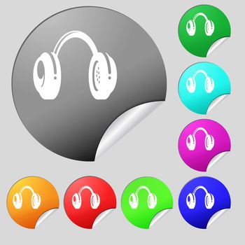 headsets icon sign. Set of eight multi colored round buttons, stickers. illustration