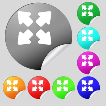 Deploying video, screen size icon sign. Set of eight multi-colored round buttons, stickers. illustration