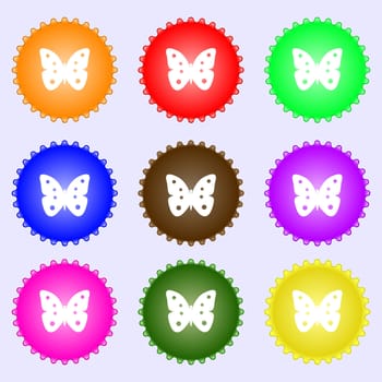 Butterfly sign icon. insect symbol. A set of nine different colored labels. illustration