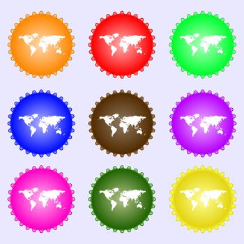 Globe sign icon. World map geography symbol. A set of nine different colored labels. illustration