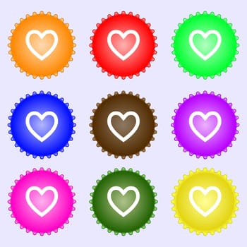 Heart sign icon. Love symbol. A set of nine different colored labels. illustration