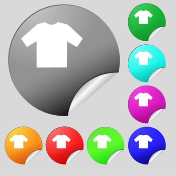 t-shirt icon sign. Set of eight multi colored round buttons, stickers. illustration