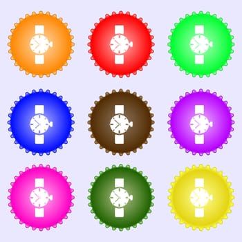 watches icon symbol . A set of nine different colored labels. illustration