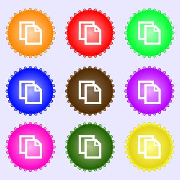 Edit document sign icon. content button.. A set of nine different colored labels. illustration