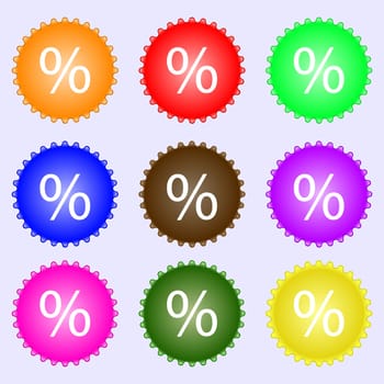 Discount percent sign icon. Modern interface website buttons. A set of nine different colored labels. illustration