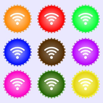 Wifi sign. Wi-fi symbol. Wireless Network icon zone. A set of nine different colored labels. illustration