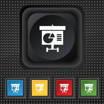 Graph icon sign. symbol Squared colourful buttons on black texture. illustration