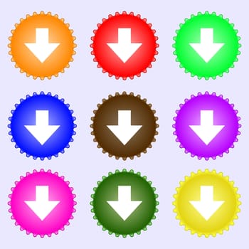 Download sign. Downloading flat icon. Load label. A set of nine different colored labels. illustration