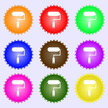 Paint roller sign icon. Painting tool symbol. A set of nine different colored labels. illustration