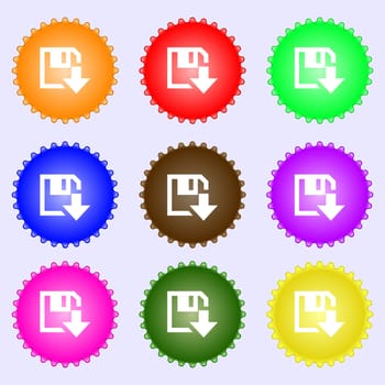 floppy icon. Flat modern design. A set of nine different colored labels. illustration